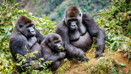 Mountain Gorilla Family in the Mountains of Africa, a Critically Endangered Species