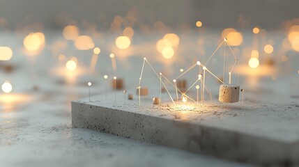 Abstract glowing lights on a geometric structure surface.