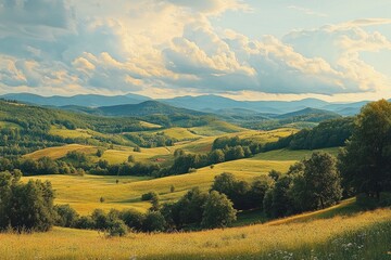 Obraz premium Rolling hills and lush green fields creating a breathtaking summer landscape