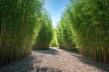 Obraz premium Path winding through lush bamboo forest on sunny day