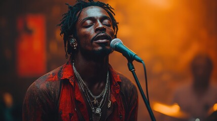African American male singer passionately performing on stage under warm lights.