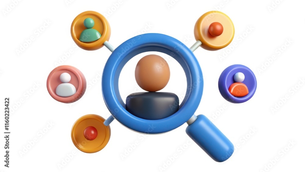 Poster a colorful illustration depicting a central figure surrounded by smaller figures and a magnifying gl