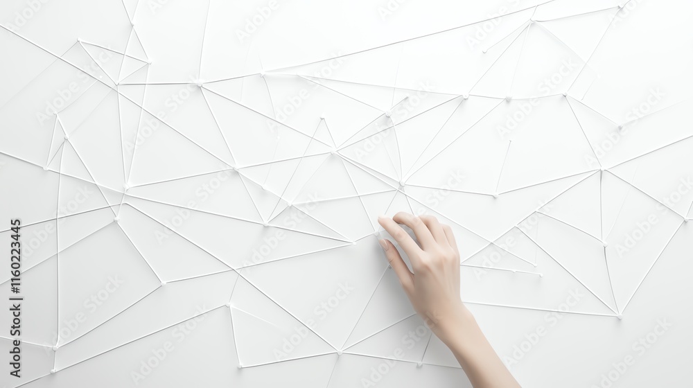 Poster hand creating geometric string connections on white wall surface.