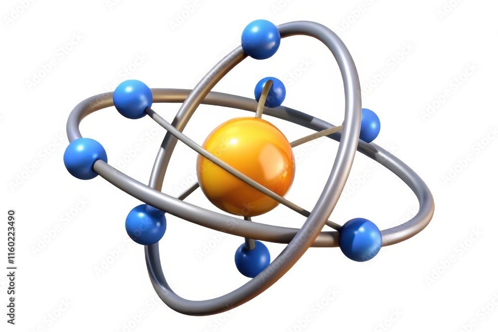 Poster a colorful 3d representation of an atom, showcasing electrons orbiting a central nucleus, symbolizin