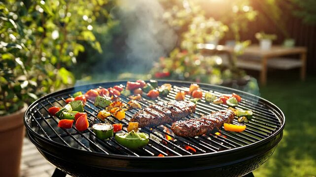 Barbecue on the grill in the backyard garden on a sunny day, with sunlight and a close-up view of meat and vegetables cooking outdoors. Grilling food at home