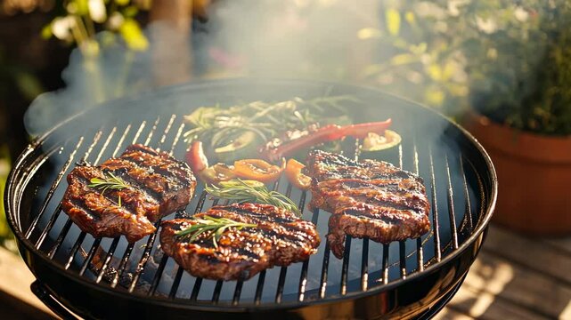 Barbecue on the grill in the backyard garden on a sunny day, with sunlight and a close-up view of meat and vegetables cooking outdoors. Grilling food at home
