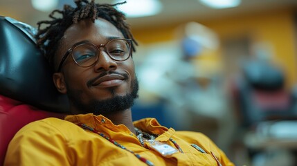 Obraz premium Smiling young Black man in glasses donating blood at a clinic.
