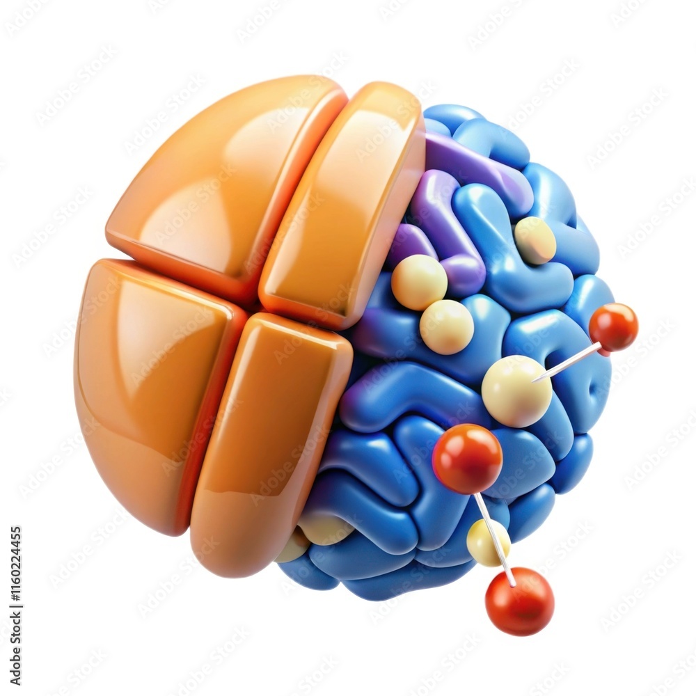 Poster a stylized representation of a brain with colorful sections, symbolizing creativity, thought process