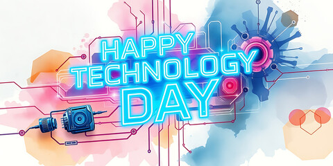 A futuristic and high-tech typography design that says "Happy Technology Day" in glowing neon blue fonts, with circuits, gadgets, and a digital grid background.


