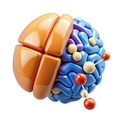 A stylized representation of a brain with colorful sections, symbolizing creativity, thought processes, and neural connections.