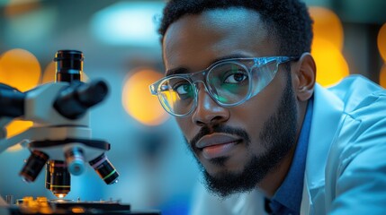 Male scientist of African descent examining samples with a microscope in a laboratory.