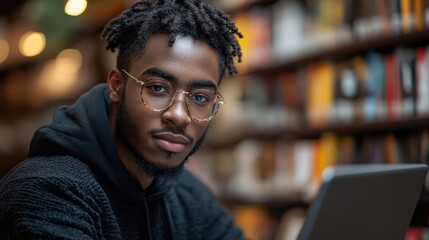 Obraz premium Young Black man focused on work in a library setting with a laptop.