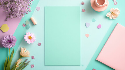 A green piece of paper with a flower on it sits on a table with a pink book