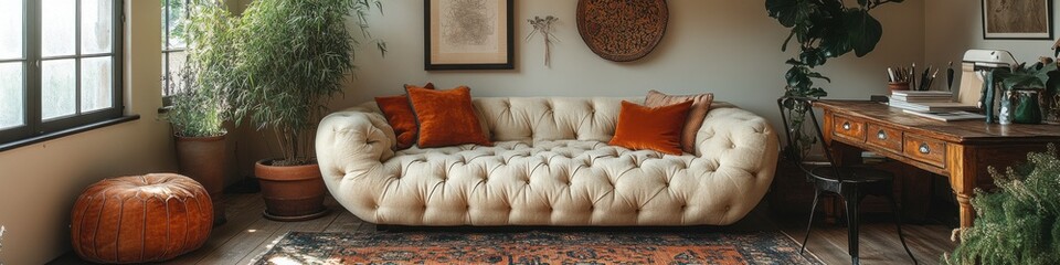 Cozy living room with a plush sofa, warm tones, and vintage decor.