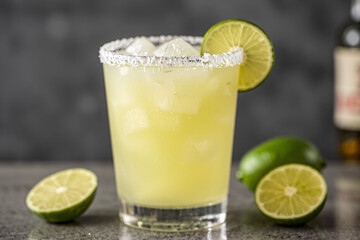 Fototapeta premium Frozen lime margarita with a salted rim, served in a chilled glass, perfect for a refreshing cocktail showcase