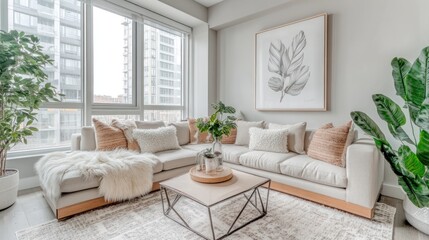 Modern living room with beige sectional sofa, large windows, plants, and artwork.