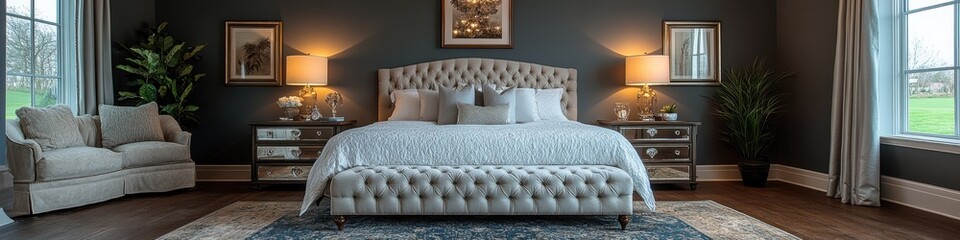Elegant modern bedroom with classic decor and plush features, creating a cozy and inviting atmosphere.