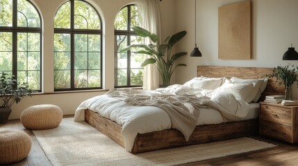 Cozy sunlit bedroom with rustic wooden furniture and lush greenery.