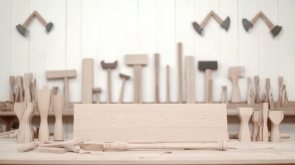 A serene woodworking workshop with various tools arranged on a wooden bench, showcasing craftsmanship and creativity in a minimalist setting.