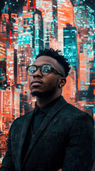 Obraz premium Young Visionary with African Art-Inspired Urban Scenery: Black History Month