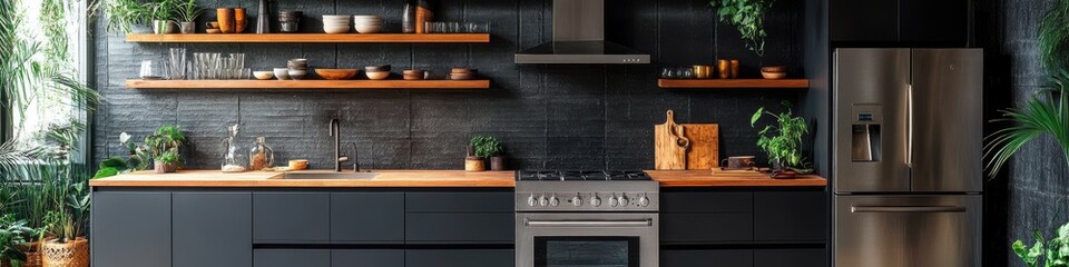 Modern kitchen with black cabinets, wooden countertops, and lush greenery.