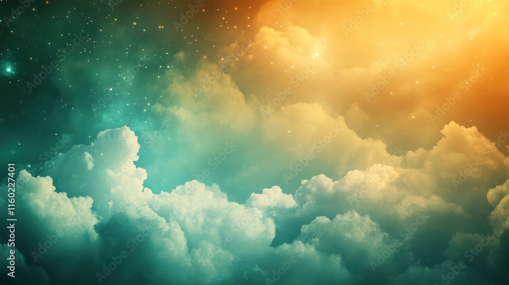 Wall mural whimsical abstract sky filled with layers of fluffy stormy clouds, blending into a gradient of deep 