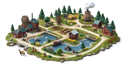 A vibrant, illustrated farm scene featuring barns, crops, ponds, and trees, depicting a serene rural environment.