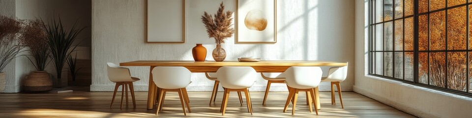 Modern dining room with minimalist decor featuring warm earth tones and natural light.