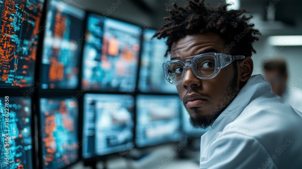 Poster a focused individual in a lab coat and safety goggles analyzes data on multiple high-tech screens, s