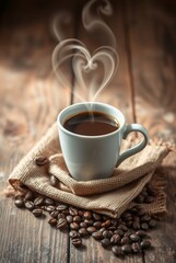 Freshly Brewed Coffee with Heart-Shaped Steam on Rustic Wooden Background