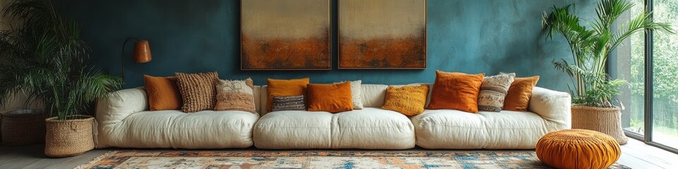 Cozy modern living room with stylish decor and vibrant autumn tones.