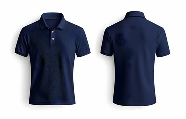 A mockup of a dark blue polo shirt showing both front and back views, isolated against a white background with clear, minimalist presentation style.