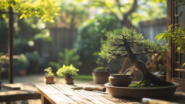 A tranquil bonsai garden with pruning tools and miniature trees, Japanese bonsai cultivation style, photo of