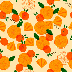 Fruit Orange Seamless Pattern with Green Leaves. Citrus Ornament. Trendy Contemporary Floral Design Perfect for Fabric, Prints, Social Media, Textile, Invitations, Branding Design. Vector Illustration