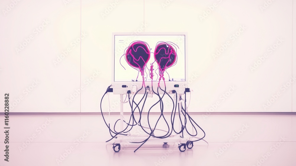 Aufkleber a modern art installation featuring two glowing brain-like structures connected by numerous cables o
