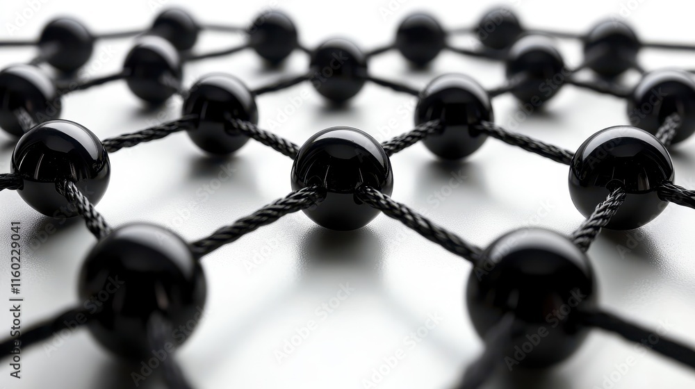 Poster a close-up view of a black, interconnected network of spheres and strings, representing a modern, ab