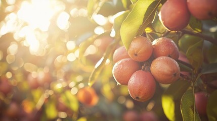 Sunlit ripe fruits on a tree branch.