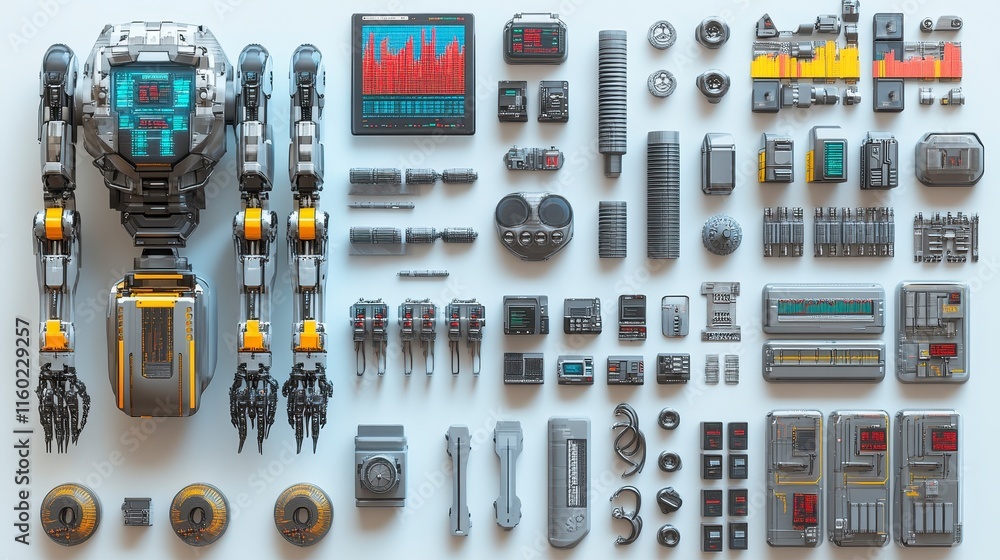 Poster a futuristic robot surrounded by various mechanical parts and components, showcasing a detailed, org