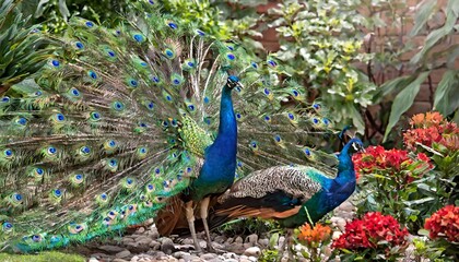 Obraz premium Brightly Colored Peacocks Fanning Their Iridescent Plumage in a Garden Setting