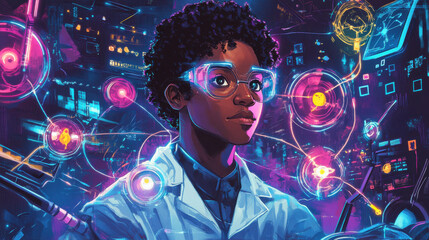 Young Innovator Exploring Science and Technology in Vibrant Art