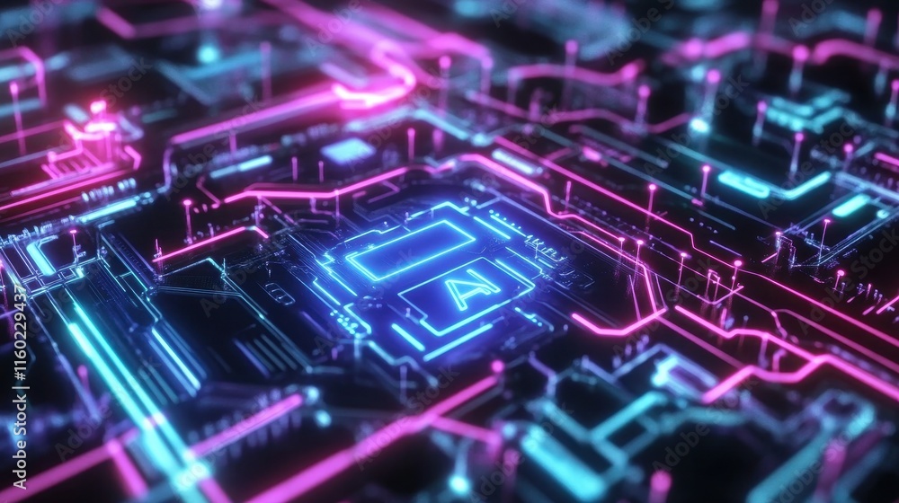 Poster neon circuit board showing artificial intelligence