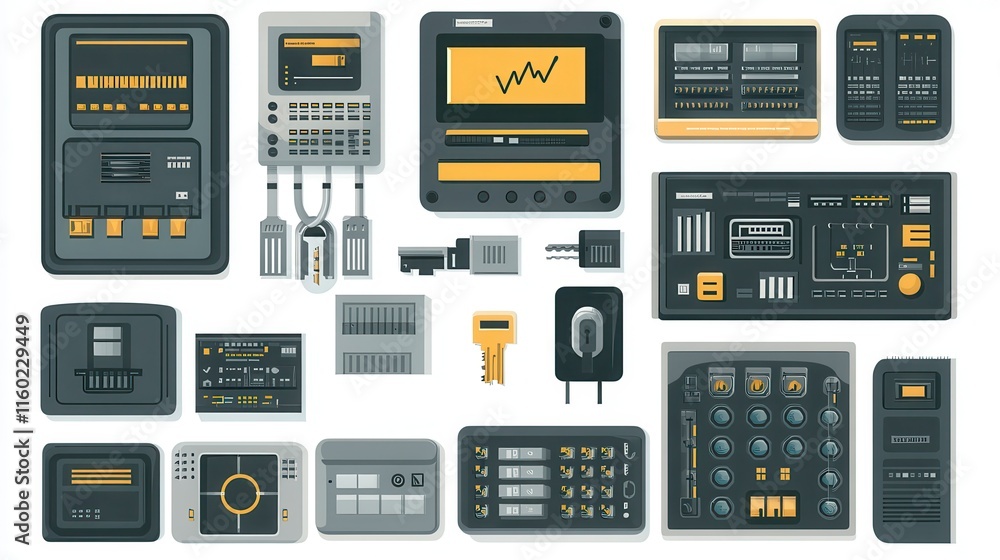 Poster a collection of digital interface panels featuring various buttons, screens, and dials, designed for
