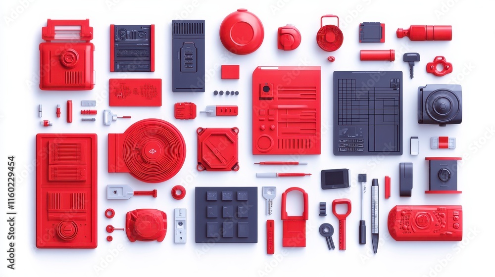Poster a vibrant collection of red and black tools and equipment arranged neatly, showcasing various shapes