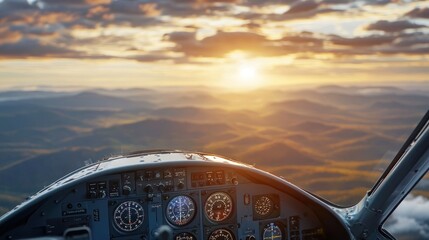 Obraz premium Airplane cockpit view at sunset over mountains.
