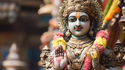 Fototapeta premium Exquisitely Carved Hindu Idol with Detailed Expressions in Temple Surroundings : Generative AI