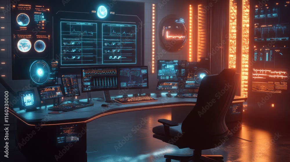 Poster futuristic control room with monitors displaying data, graphs, and charts.