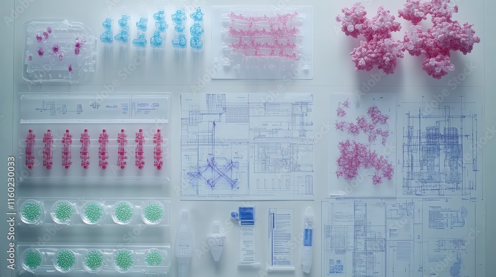 Poster a collection of colorful scientific samples, diagrams, and models displayed on a flat surface, showc