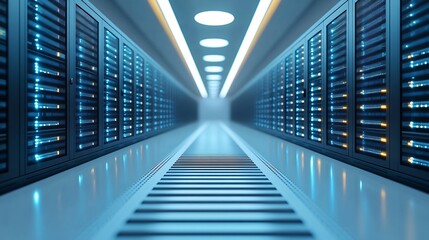 A futuristic server room with rows of servers, illuminated by blue lights, creating a sleek and modern atmosphere.