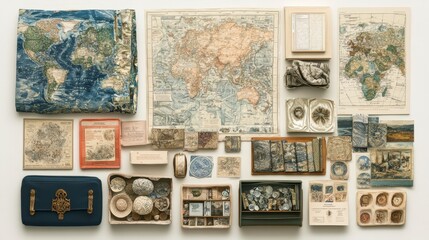 A collection of vintage maps, atlases, and geographical artifacts displayed artistically on a light background.