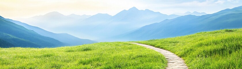 Fototapeta premium A tranquil landscape featuring a winding path through lush green grass, with mountains and a soft blue sky in the background.